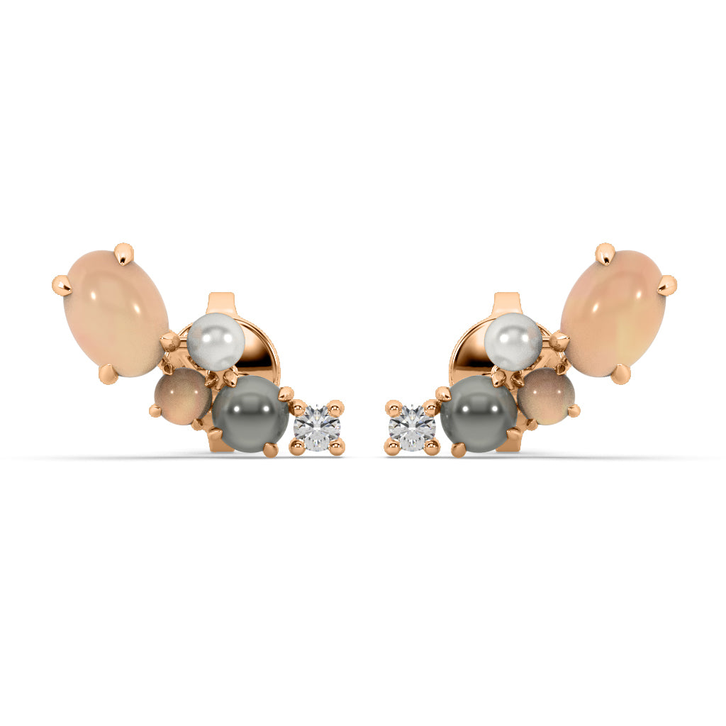 Rose Quartz, Pearl & Moonstone Cluster Quinta-Stud
