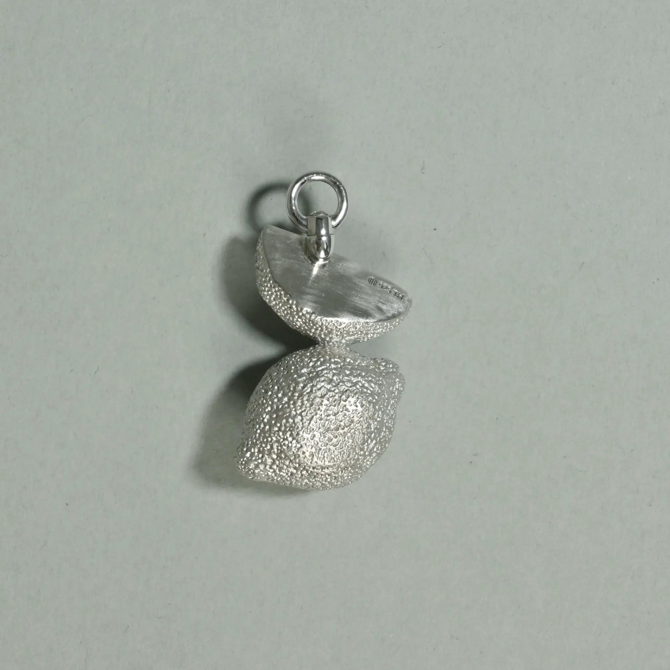 Silver pendant on a light gray background